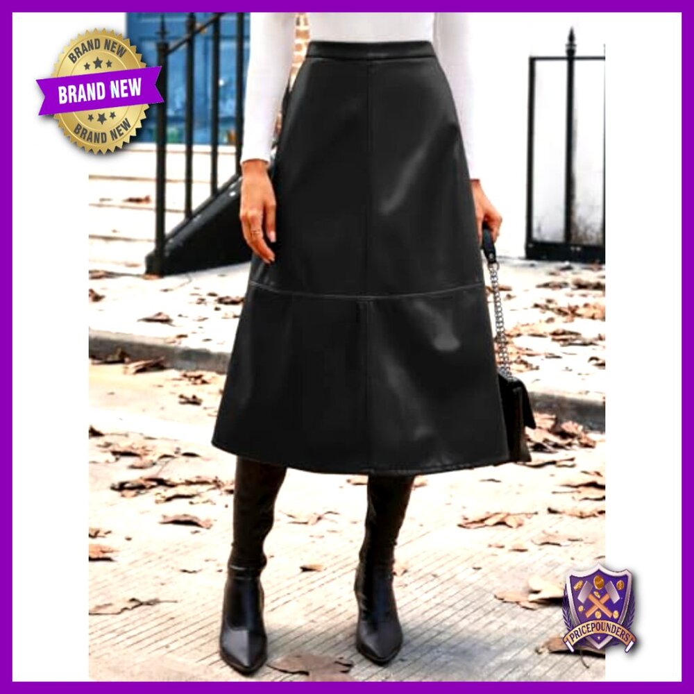 Faux Leather Midi Skirt High Waist A-Line Fall Winter Professional Casual - Picture 4 of 7